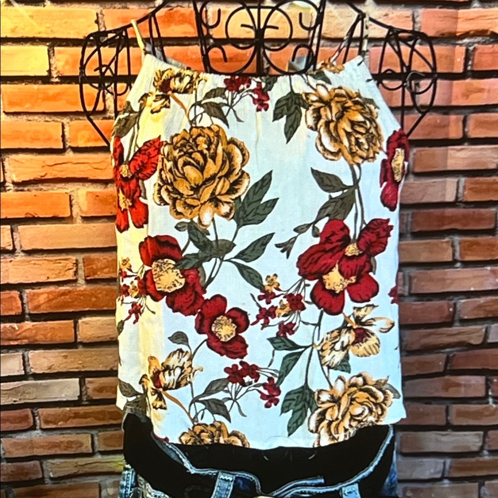 🎽 Black Bead Floral Spaghetti Strap Racer Back Style Top – Off-White – Sz Med/ O